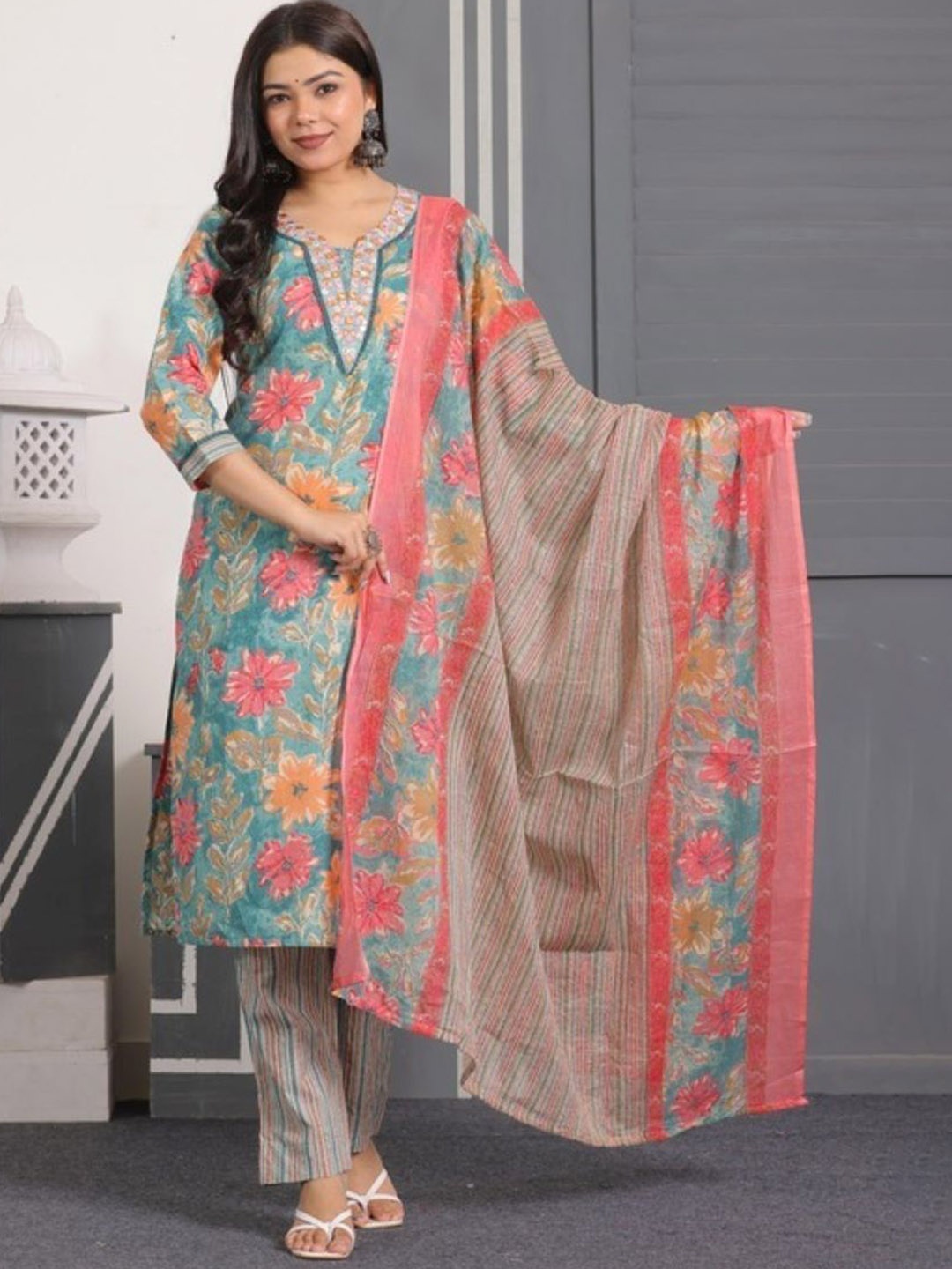 

KALINI Women Floral Printed Regular Mirror Work Kurta with Trousers & With Dupatta, Blue