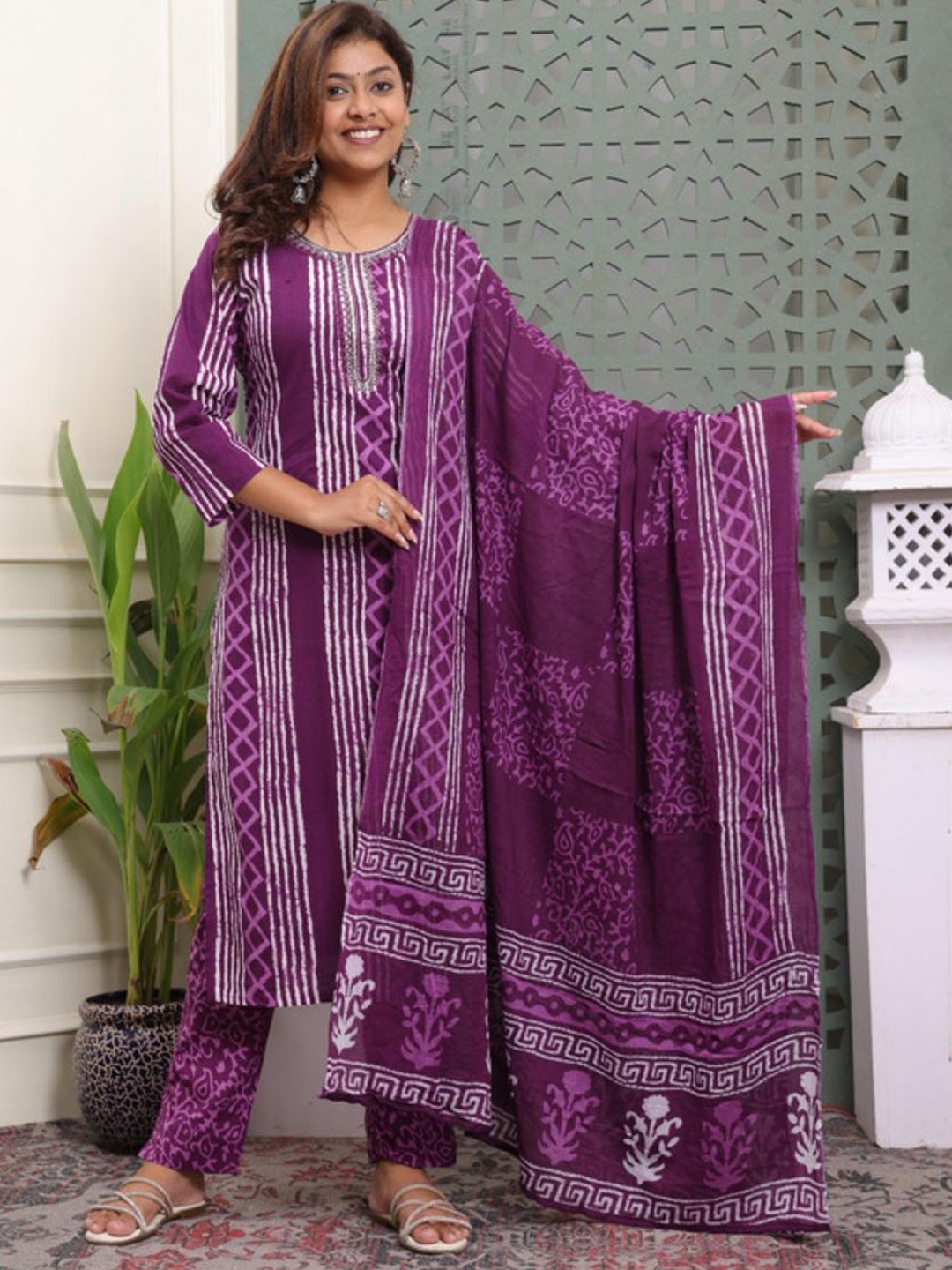 

KALINI Striped Round Neck Pure Cotton Straight Kurta With Trousers & Dupatta, Purple