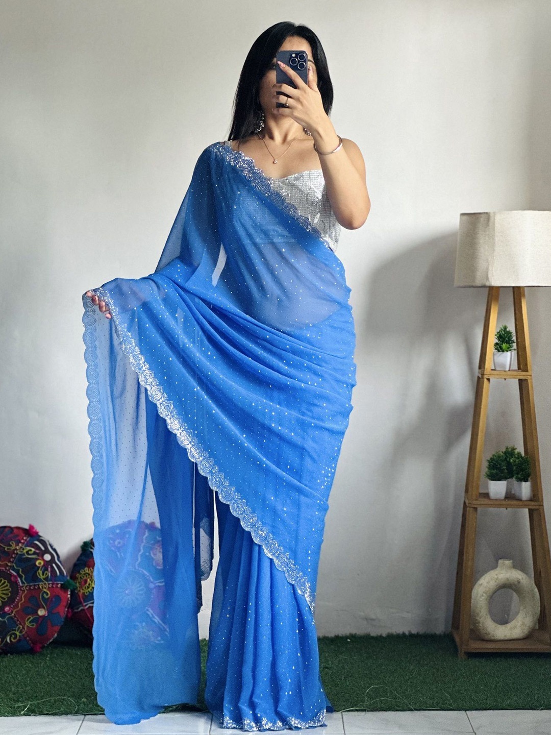 

choiceit Embellished Sequinned Pure Silk Heavy Work Saree, Blue