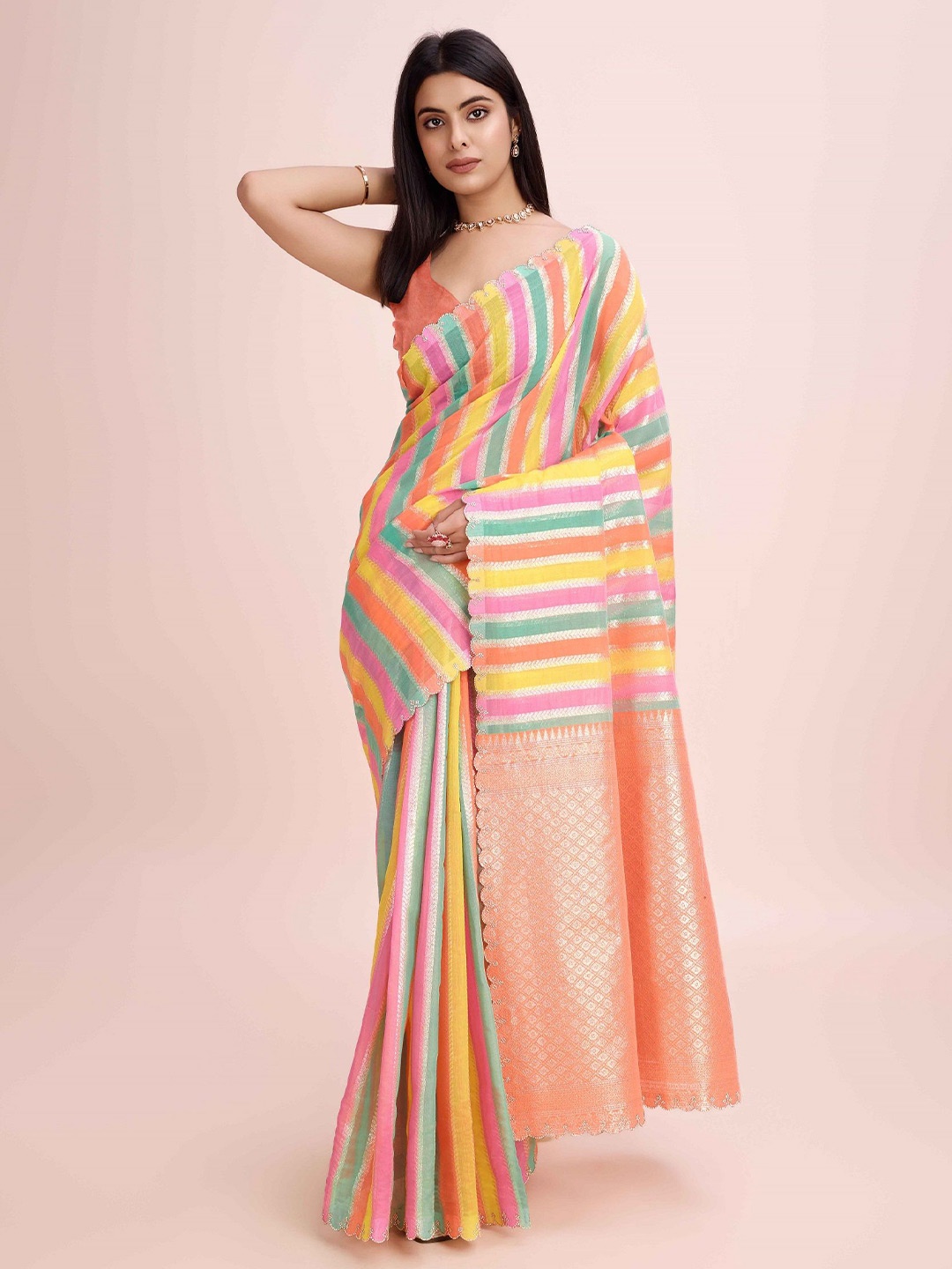 

choiceit Woven Design Striped Pure Cotton Saree, Orange