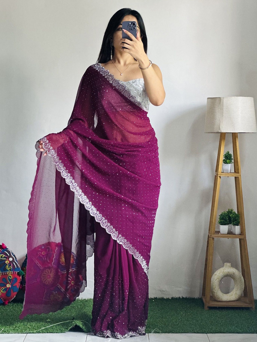 

choiceit Beads and Stones Pure Silk Saree, Purple