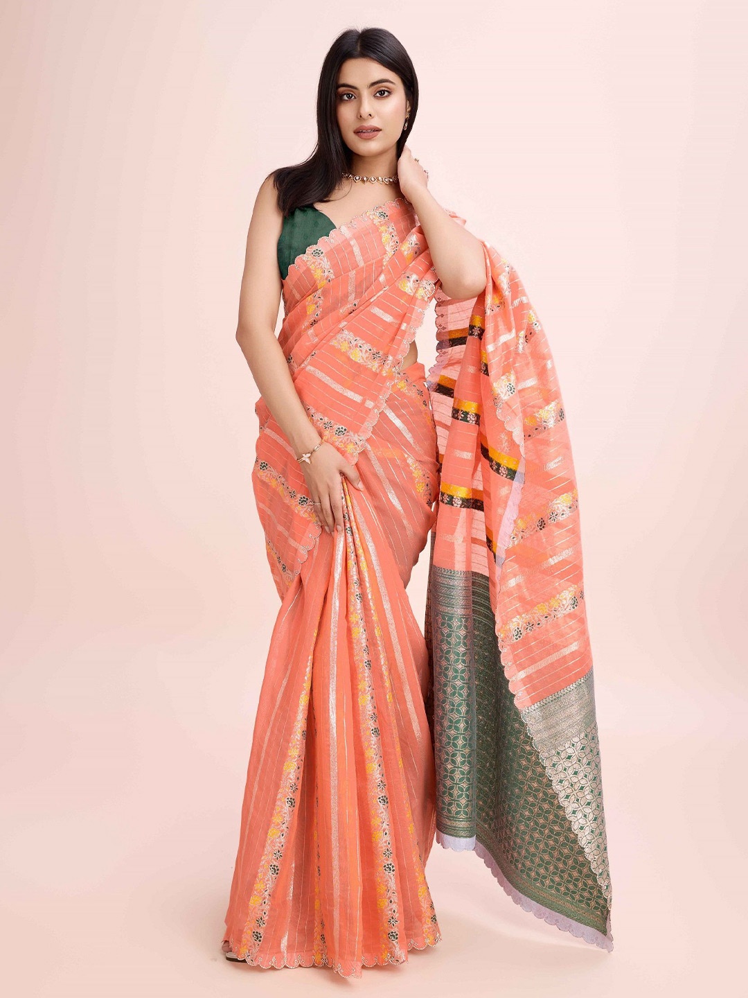 

choiceit Woven Design Pure Cotton Heavy Work Saree, Orange