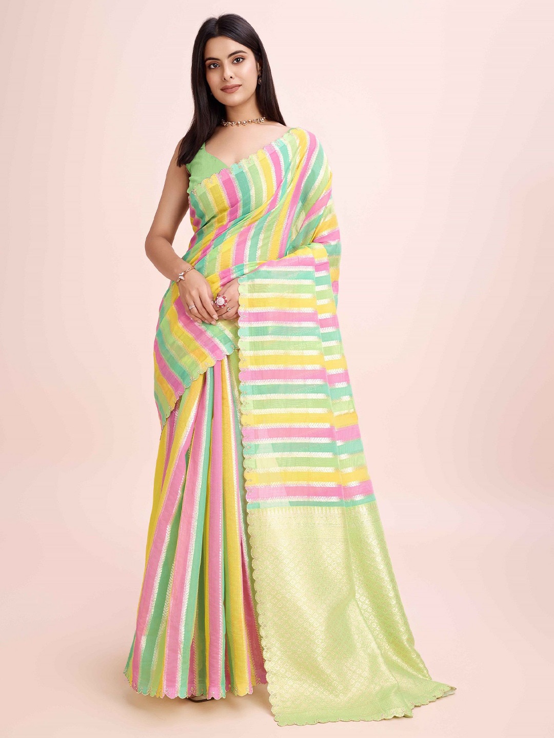 

choiceit Striped Pure Cotton Saree, Green