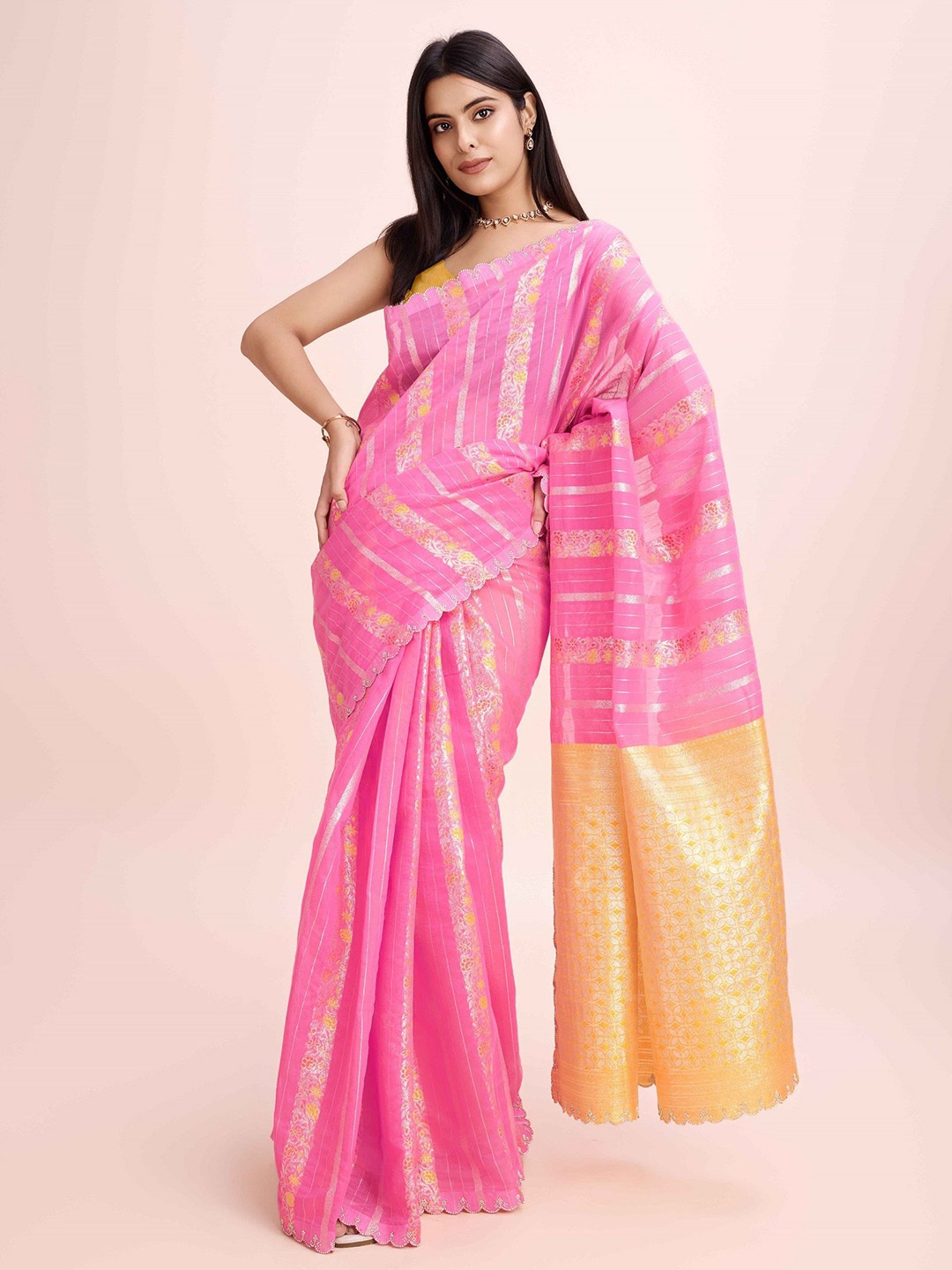

choiceit Floral Woven Design Saree, Pink