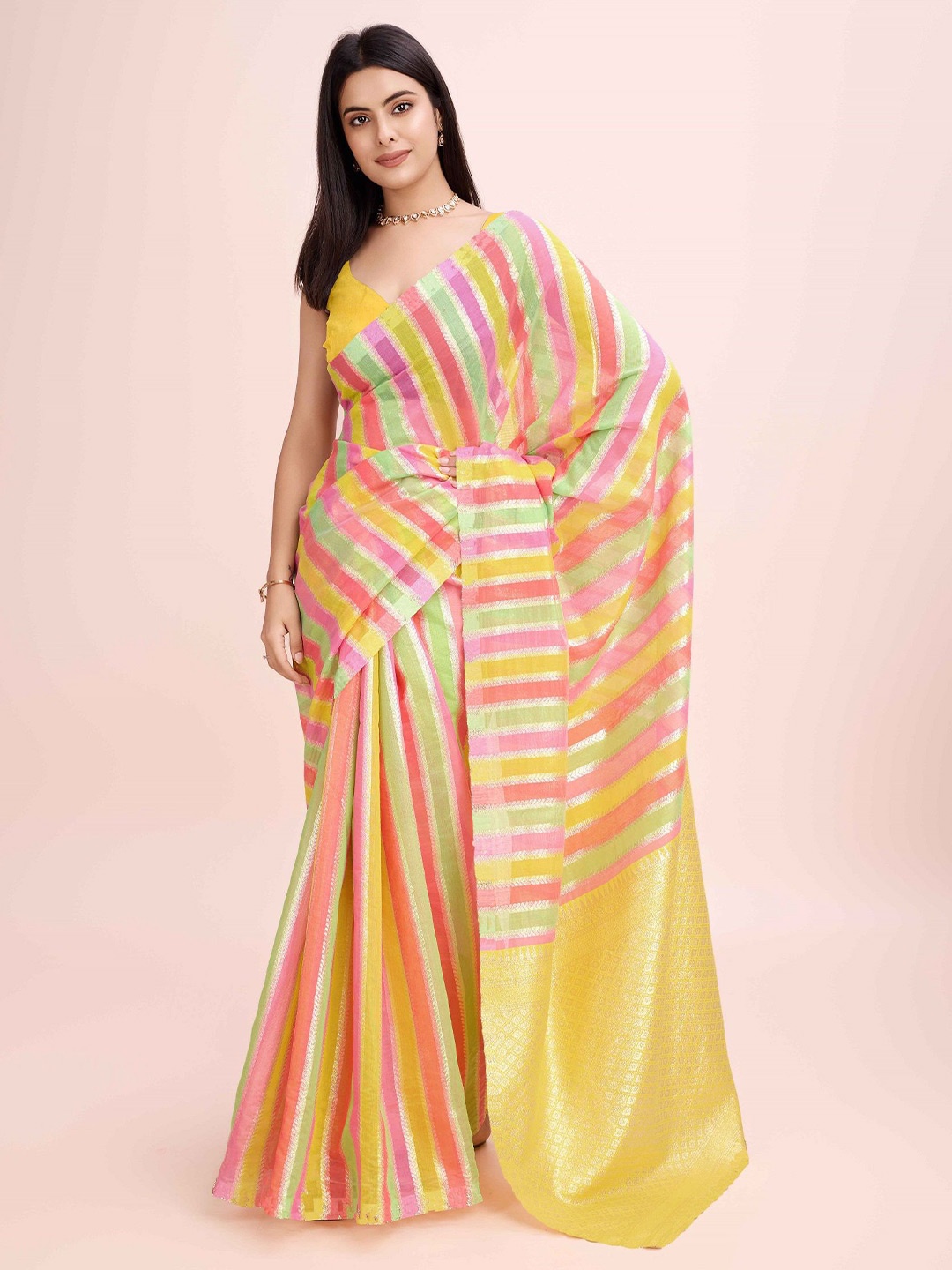 

choiceit Striped Pure Cotton Saree, Yellow