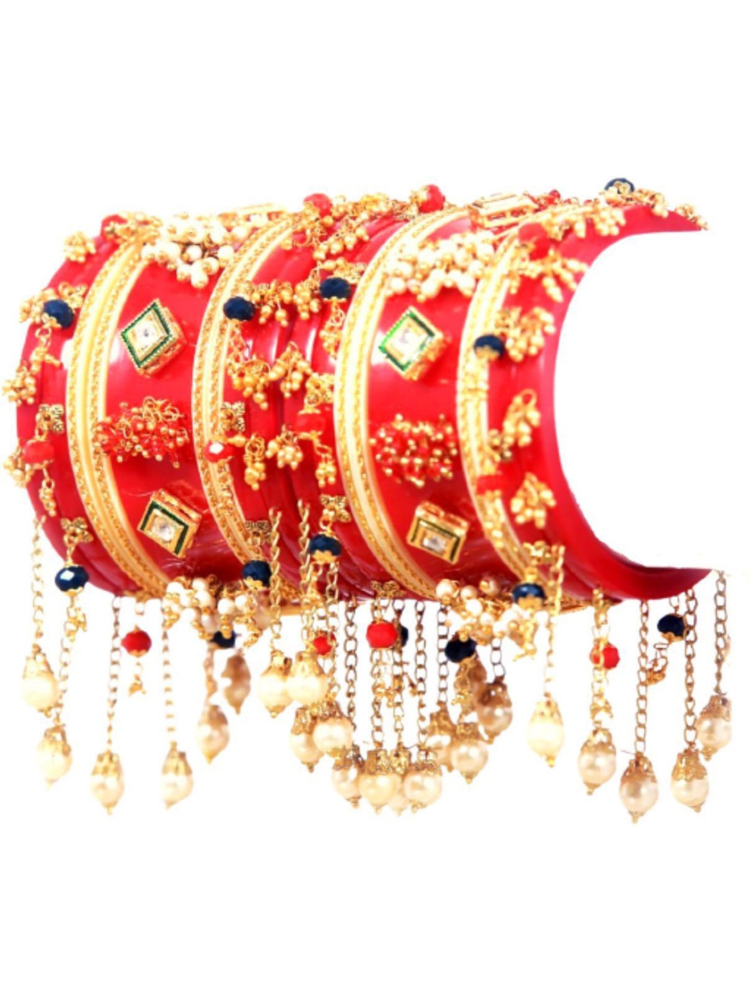 

Zindura Set Of 2 Gold-Plated Crystal-Studded & Beaded Chuda Bangles