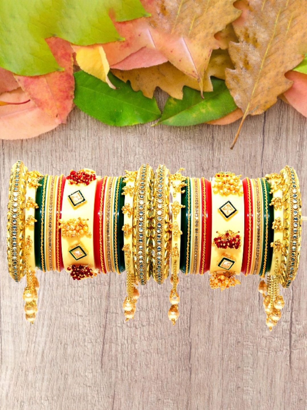 

Zindura Set Of 2 Gold-Plated Stone Studded & Beaded Chudas Bangles