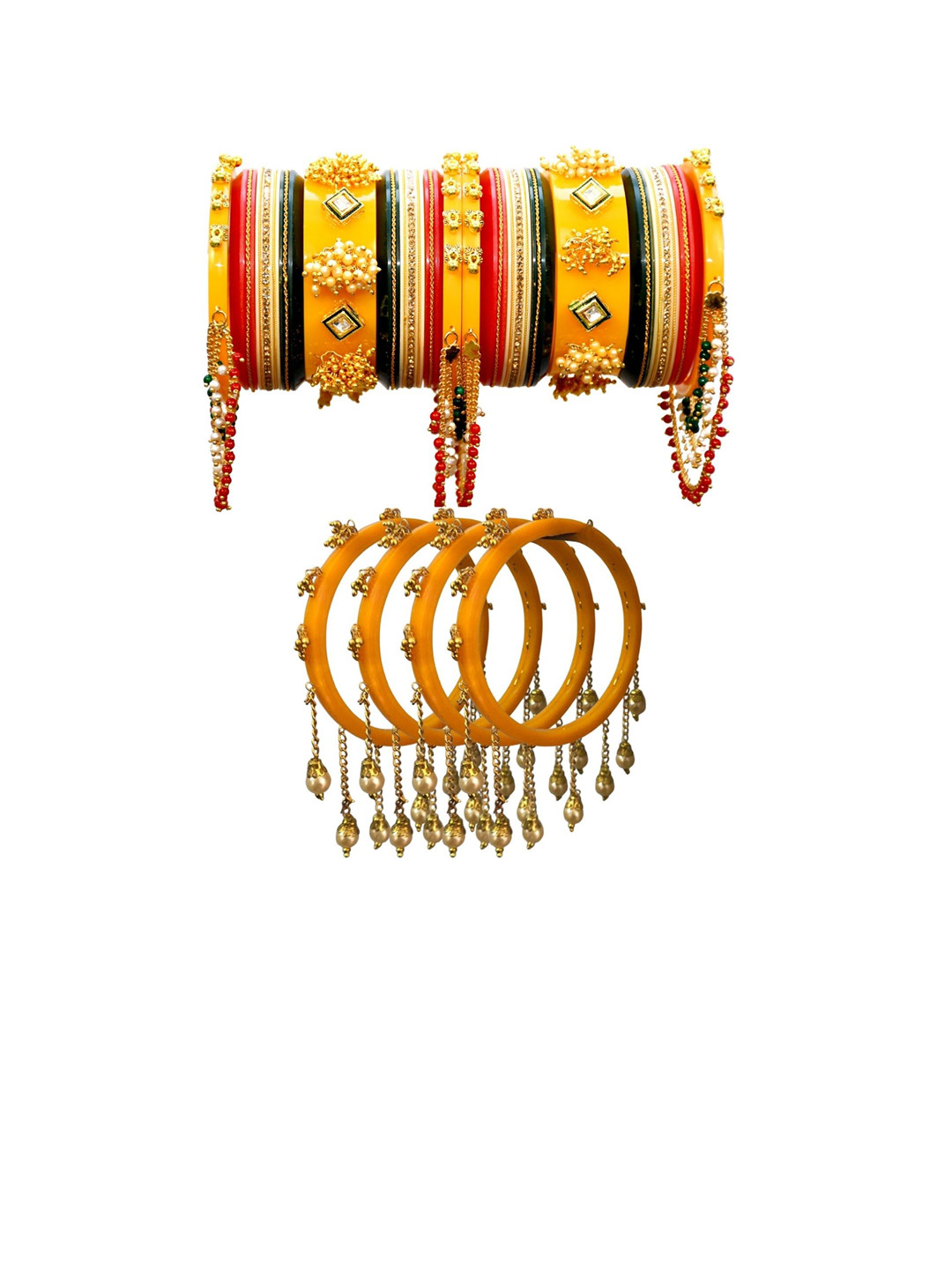 

Zindura Set of 2 Gold-Plated Stone-Studded & Beaded Chuda Bangles With Hangings