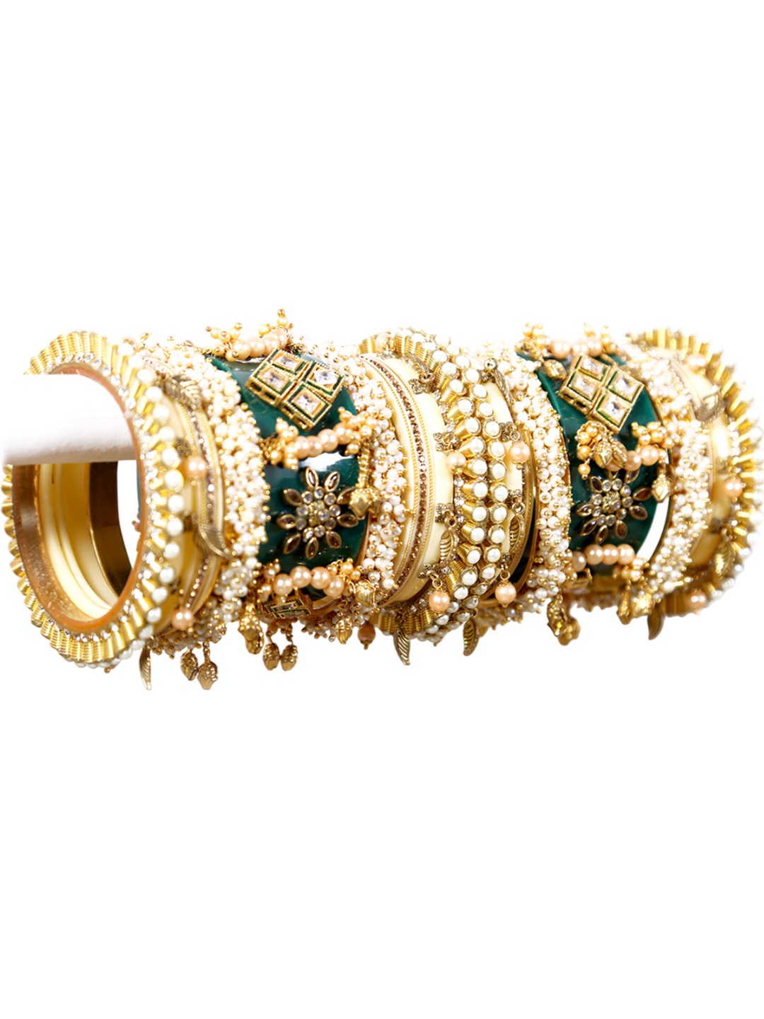 

Zindura Set Of 2 Gold-Plated Stone Studded & Pearl Beaded Bangles