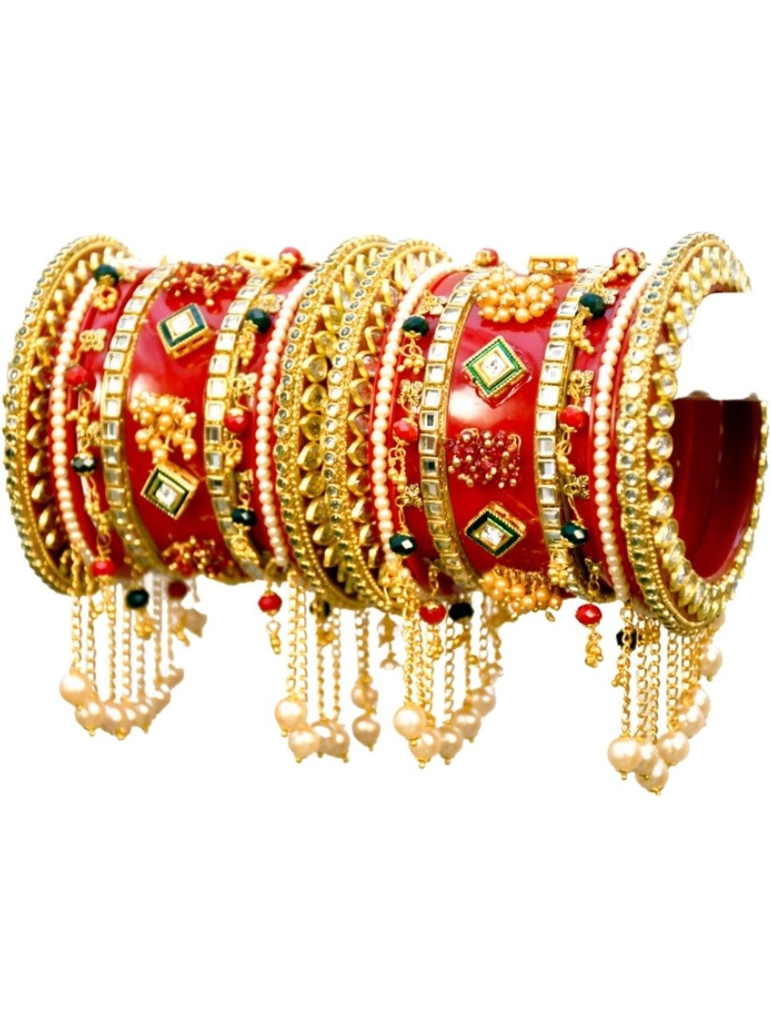 

Zindura Set Of 2 Gold-Plated Crystals Stone Studded & Pearl Beaded Chudas Bangles