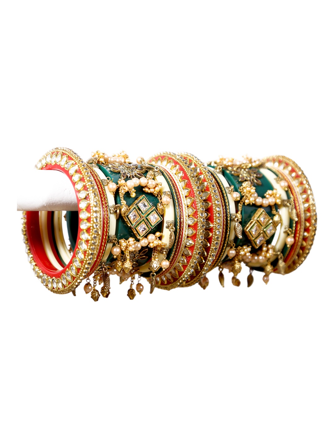 

Zindura Set Of 2 Gold Plated Stone Studded & Pearls Beaded Chudas Bangles