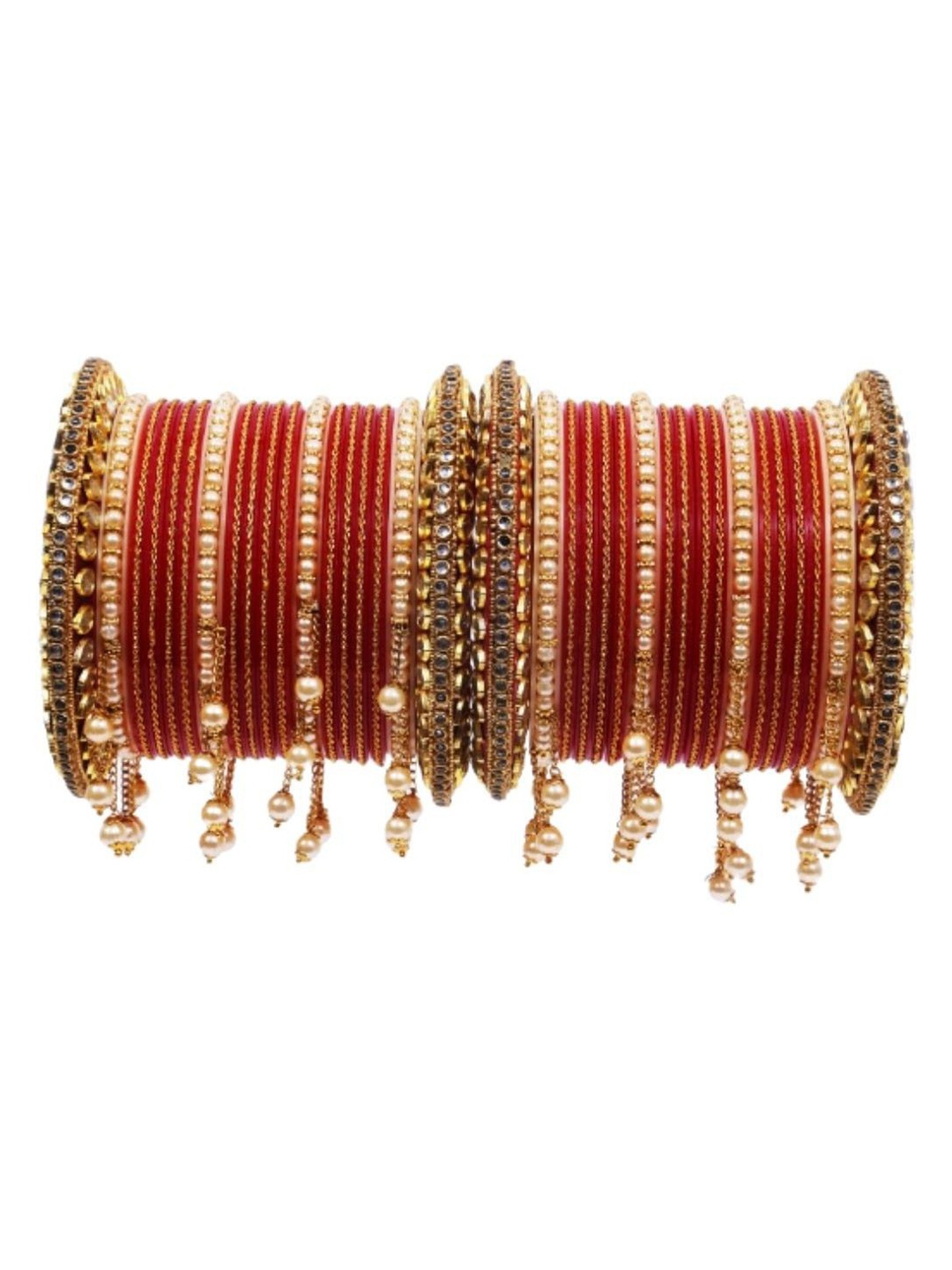 

Zindura Set Of 2 Gold-Plated Stones-Studded & Pearls-Beaded Chuda Bangles