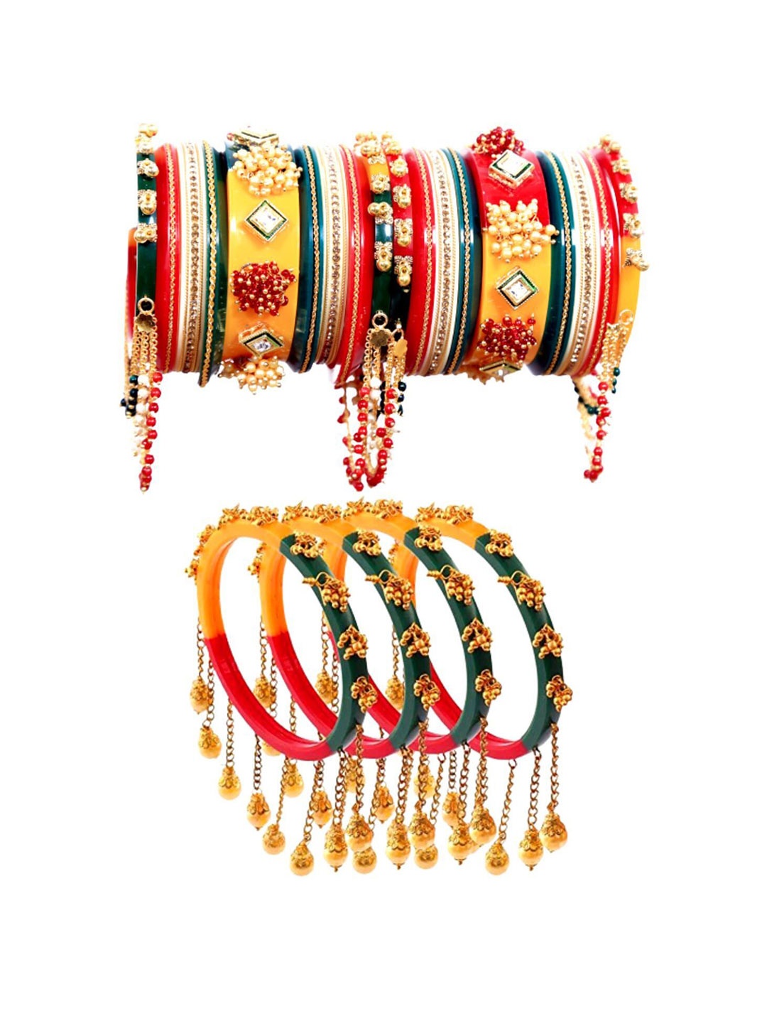 

Zindura Set of 2 Gold-Plated Artificial Stone-Studded & Beaded Chuda Bangles With Hangings