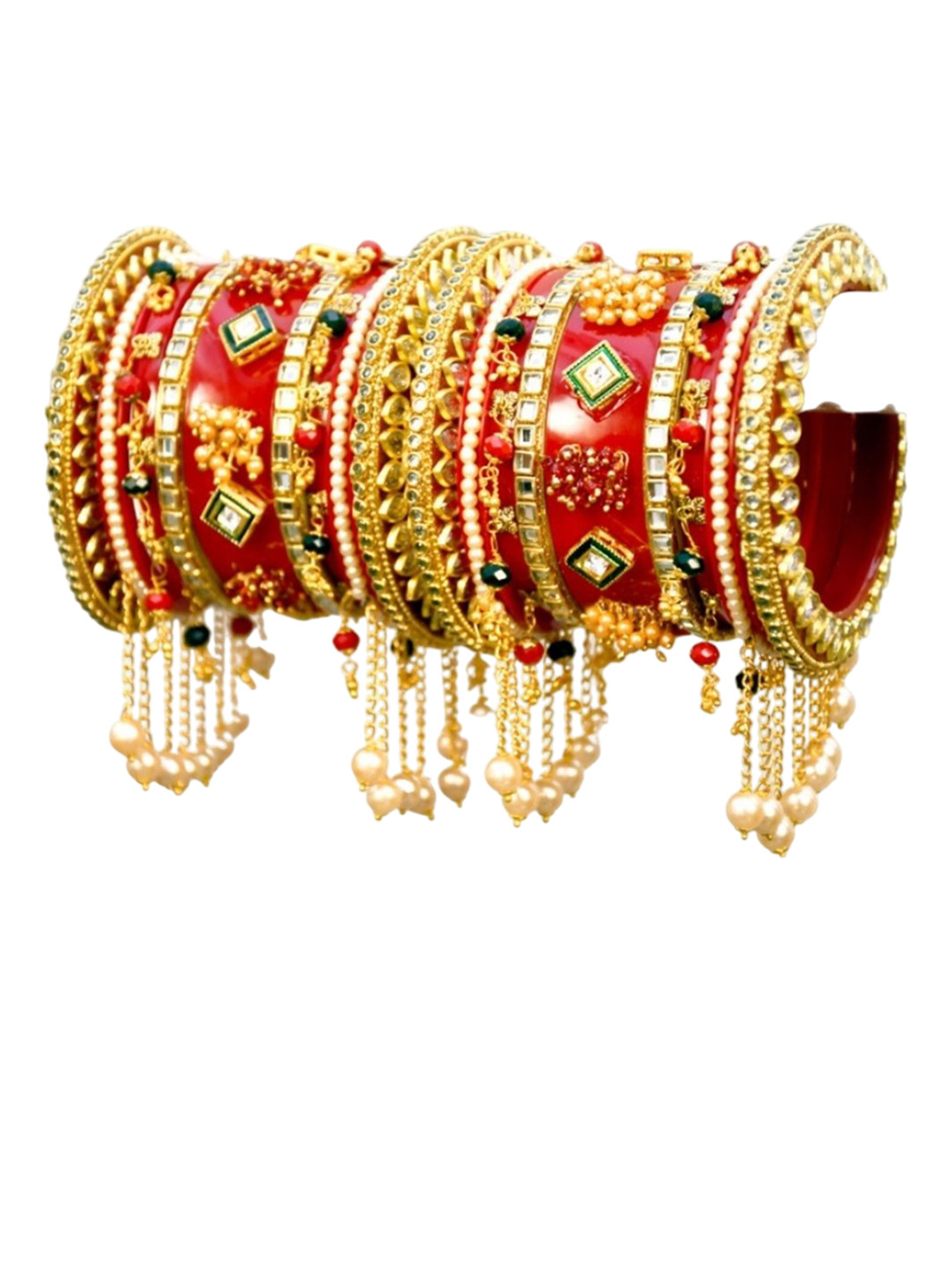 

Zindura Set of 2 Gold-Plated Artificial Stone-Studded & Beaded Chuda Bangles With Hangings