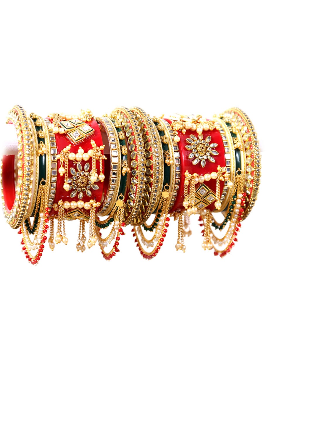 

Zindura Set Of 2 Gold-Plated Stone Studded & Pearl Beaded Chuda Bangles