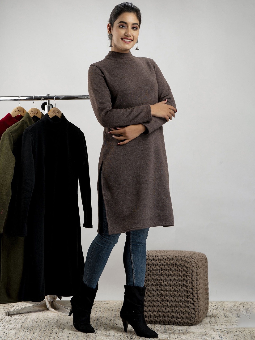 

SUTI Turtle Neck Long Sleeves Woollen Long Tunic, Brown