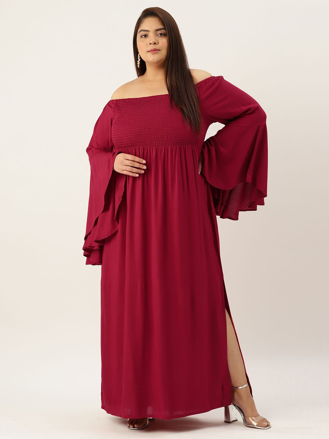 

theRebelinme Women Plus Size Off-Shoulder Smocked Maxi Dress, Maroon