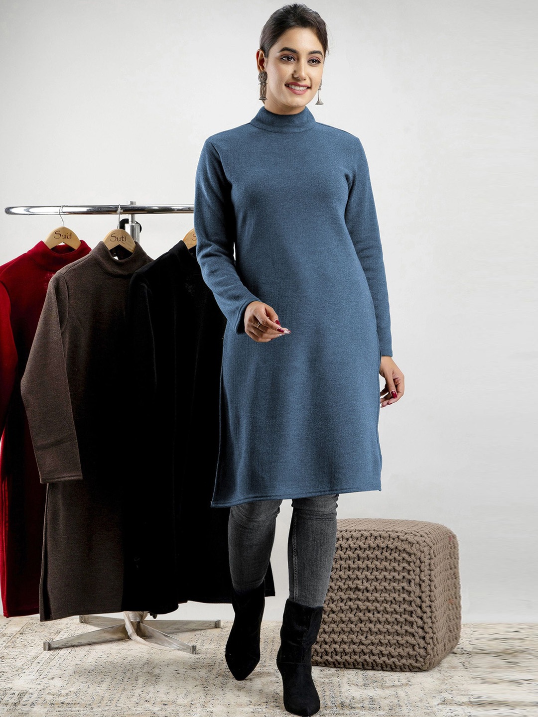 

SUTI Turtle Neck Long Sleeves Woollen Long Tunic, Blue
