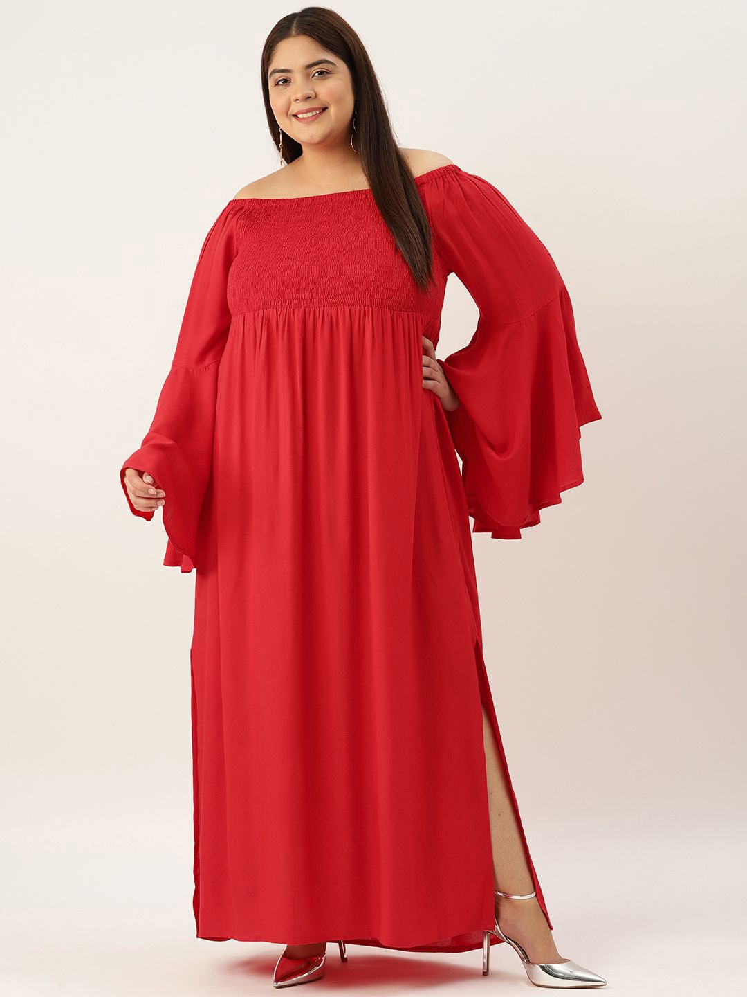 

theRebelinme Women Off-Shoulder Plus Size A-Line Maxi Dress, Red