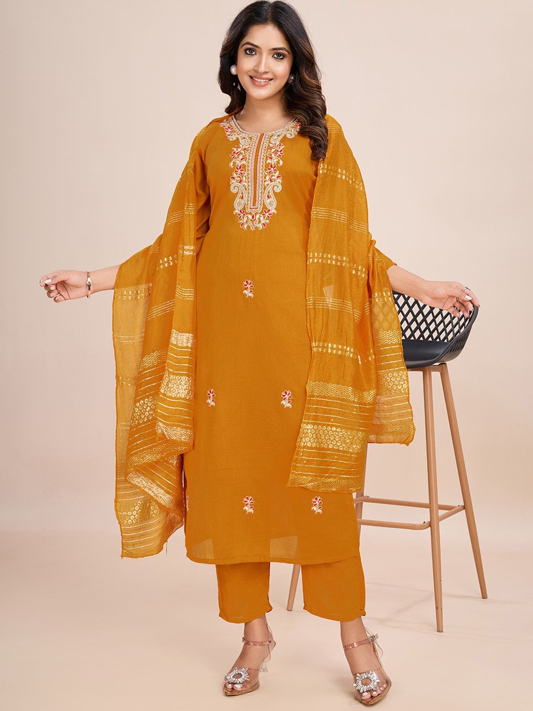 

FASHIRE Floral Embroidered Thread Work Kurta with Trouser & Dupatta, Mustard