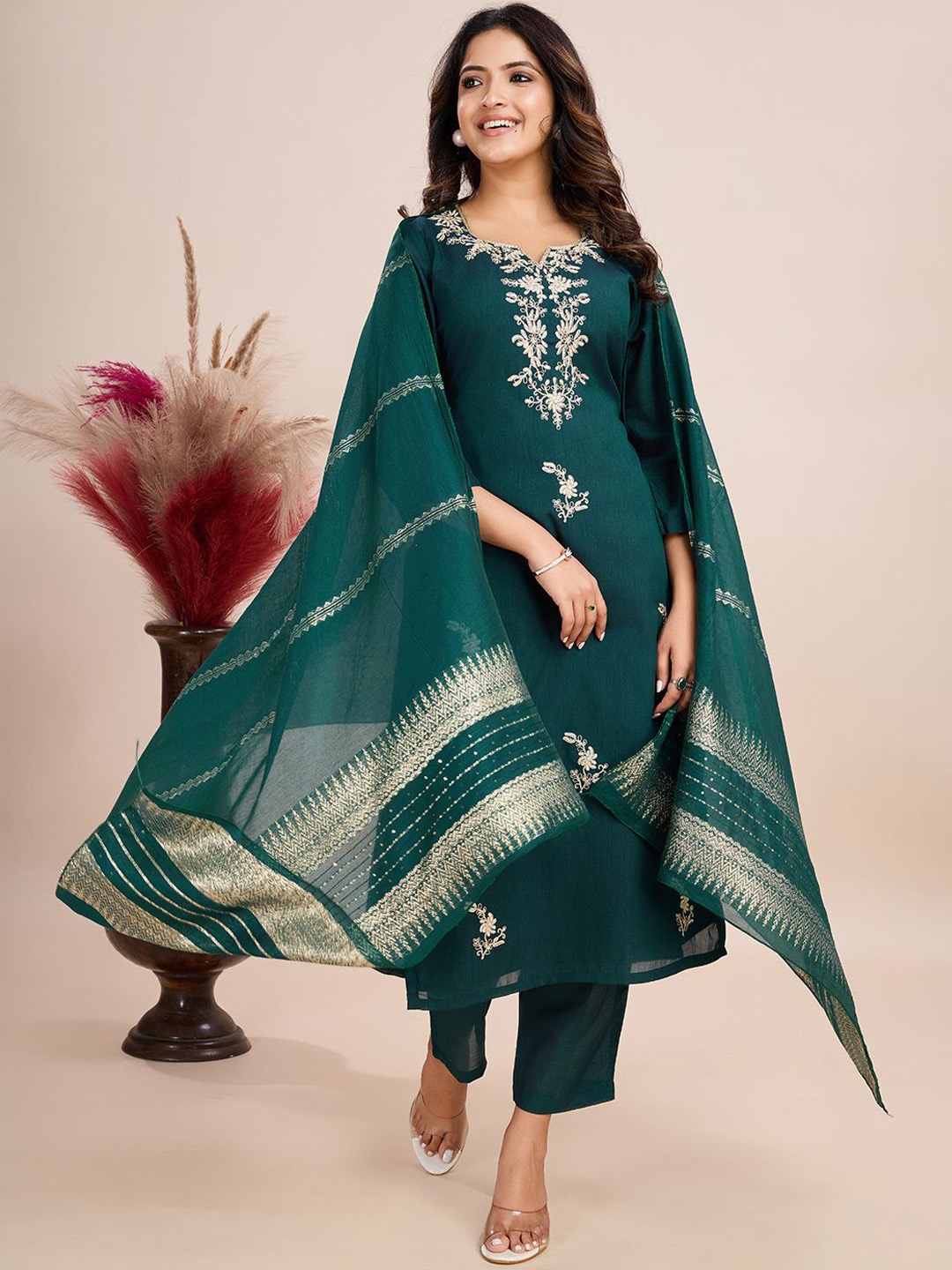 

FASHIRE Floral Embroidered Thread Work Kurta with Trouser & Dupatta, Teal