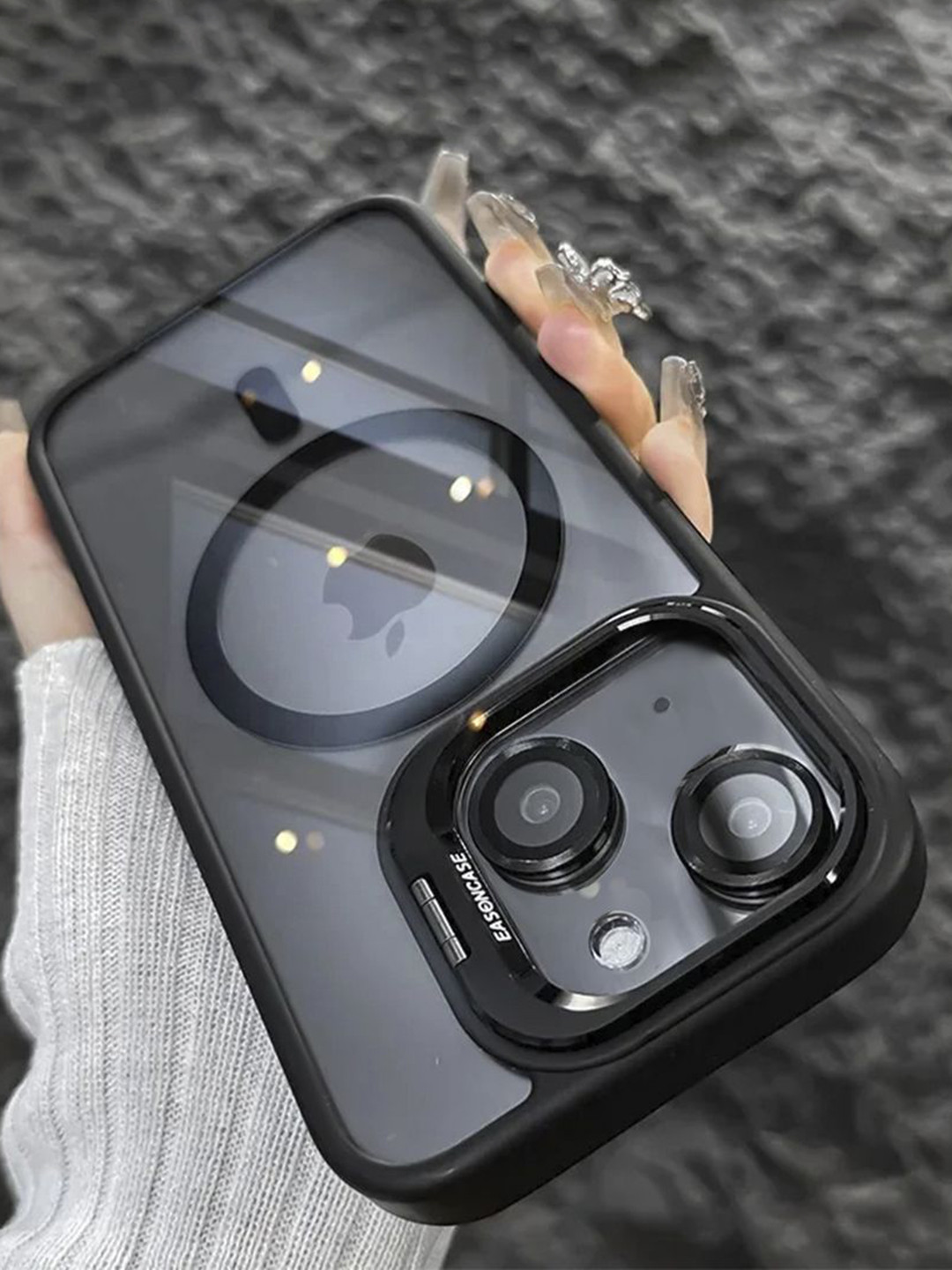 

Luxury Kase LK174 Solid Magnetic Mag-Safe Stand Lens Protector iPhone 15 Back Case, Black