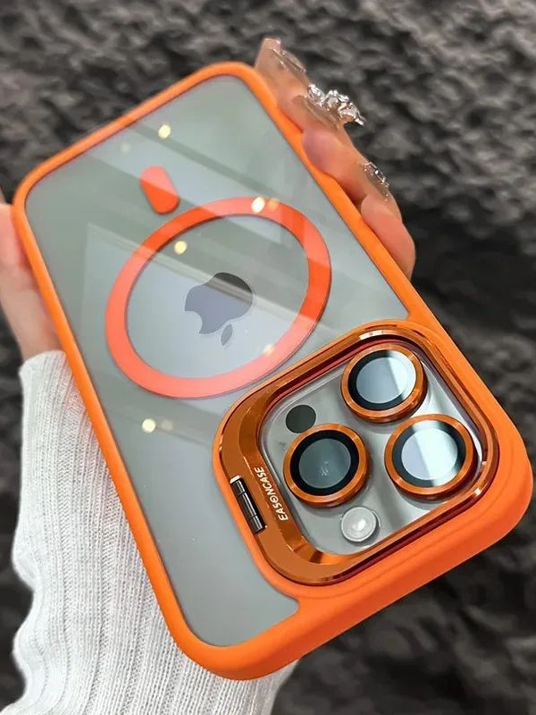 

Luxury Kase Solid LK174 Magnetic Mag-Safe Stand Lens Protector iPhone 15 Pro Back Case, Orange