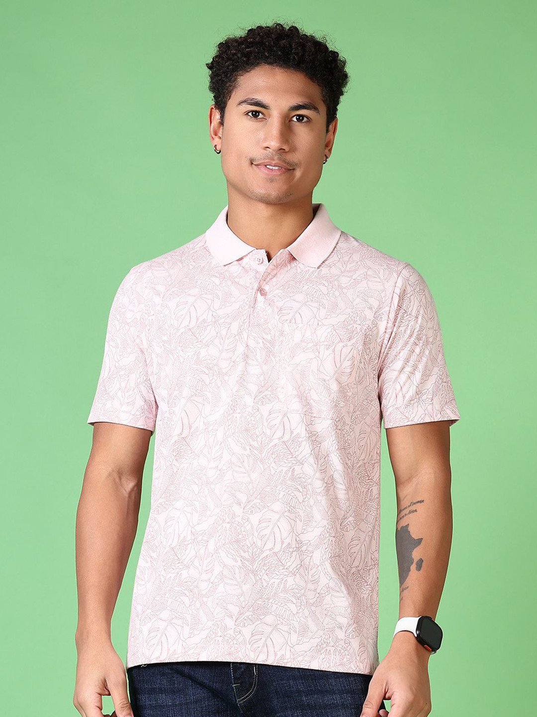 

V-Mart Men Floral Printed Polo Collar Cotton T-shirt, Pink