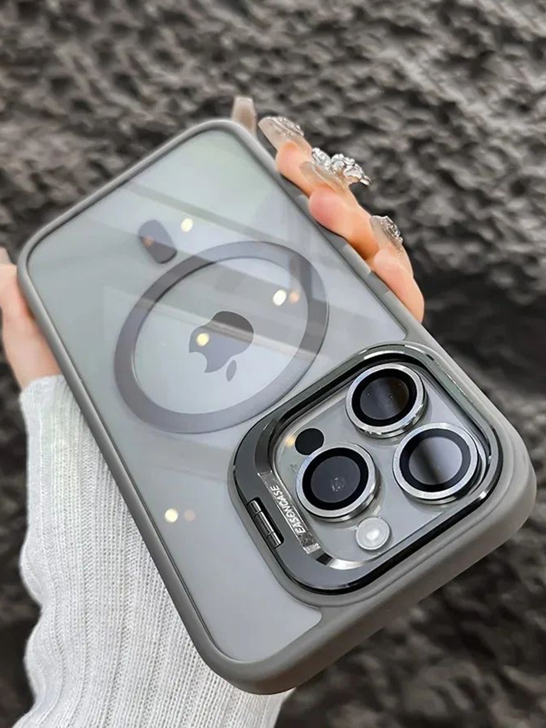 

Luxury Kase Solid LK174 Magnetic Mag-Safe Stand Lens Protector iPhone 14 Pro Back Case, Grey