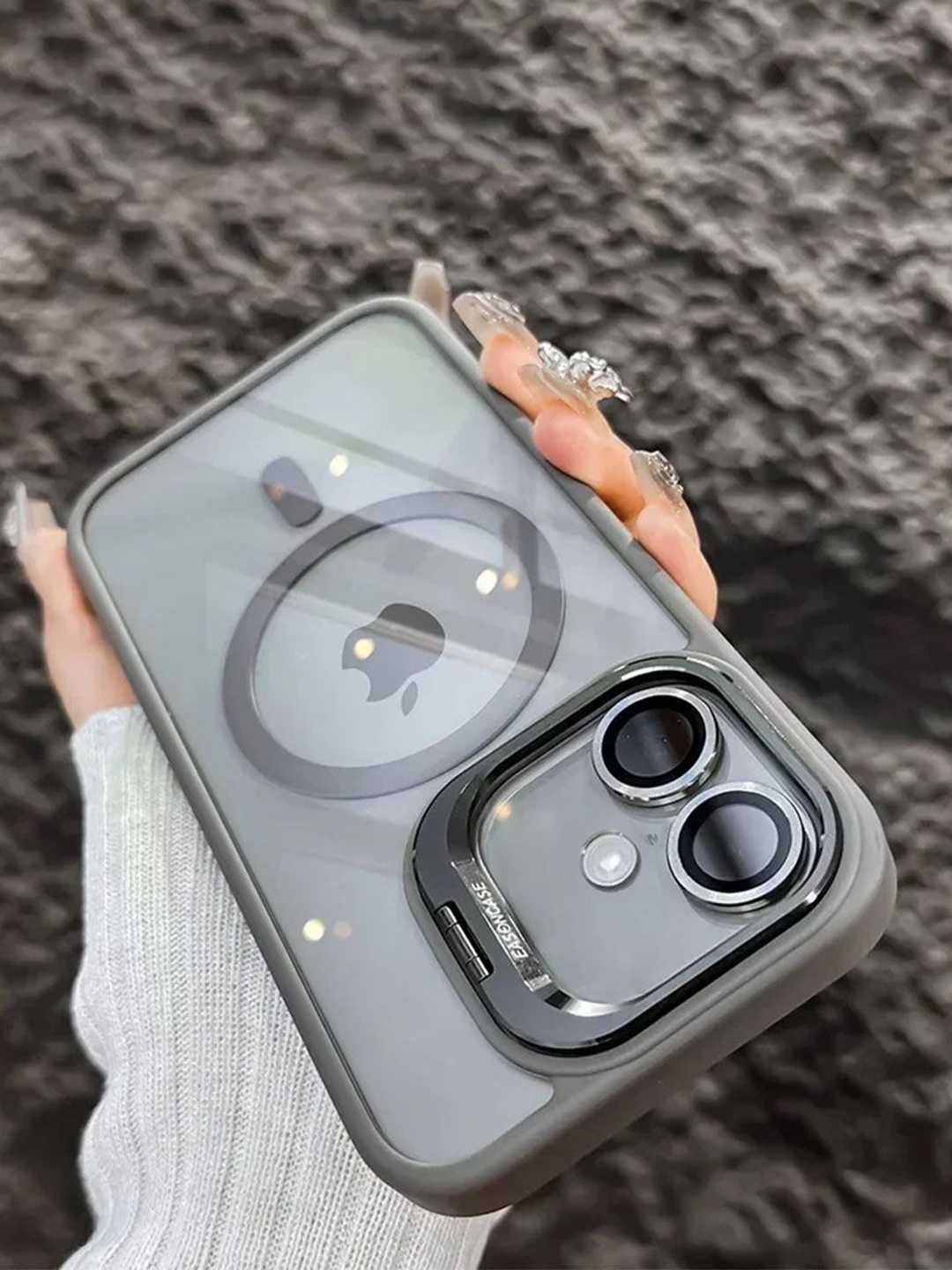 

Luxury Kase Solid LK174 Magnetic Mag-Safe Stand Lens Protector iPhone 16 Plus Back Case, Grey