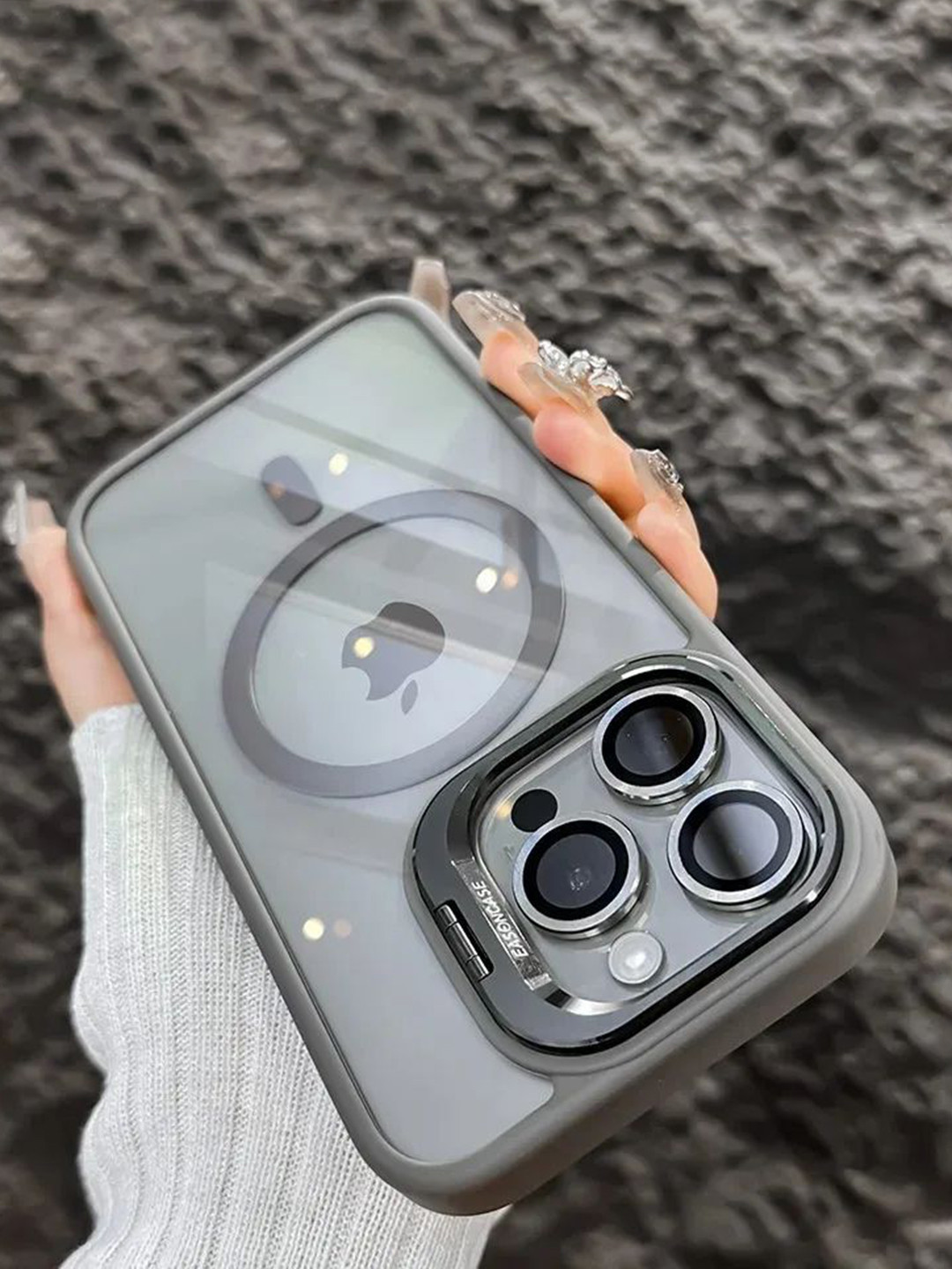 

Luxury Kase Solid LK174 Magnetic Mag-Safe Stand Lens Protector iPhone 15 Pro Max Back Case, Grey
