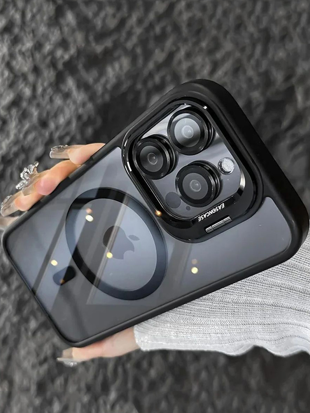 

Luxury Kase Solid LK174 Magnetic Mag-Safe Stand Lens Protector iPhone 15 Pro Max Back Case, Black
