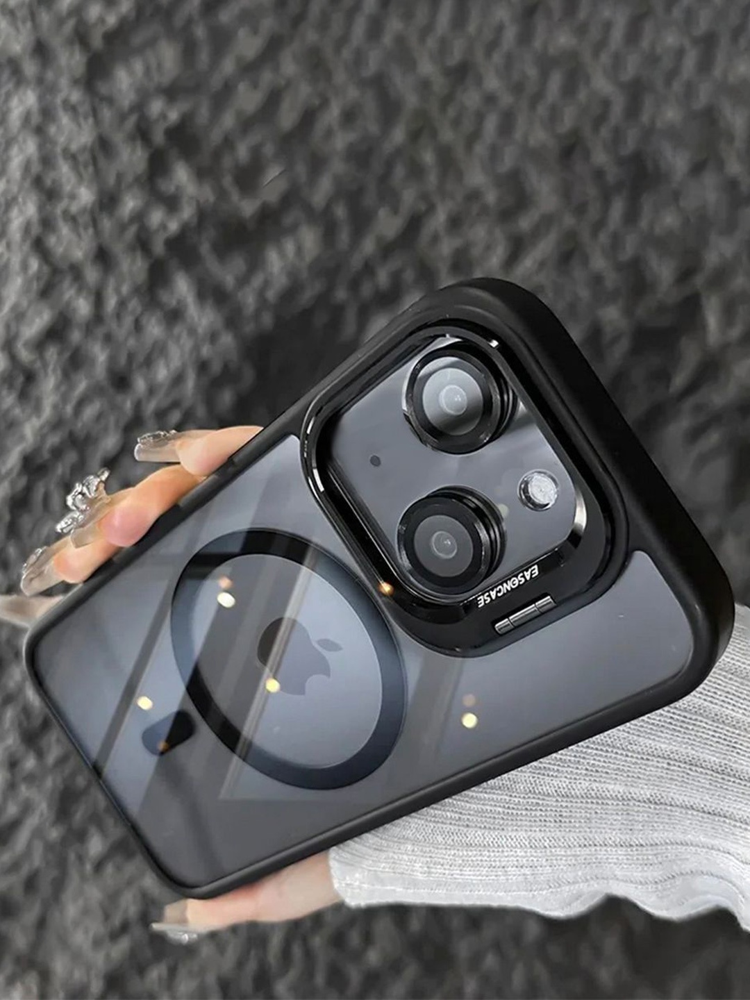 

Luxury Kase Solid LK174 Magnetic Mag-Safe Stand Lens Protector iPhone 14 Back Case, Black