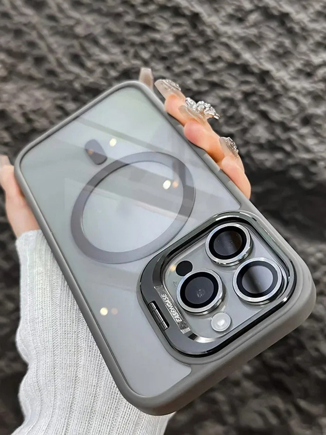 

Luxury Kase Solid LK174 Magnetic Mag-Safe Stand Lens Protector iPhone 16 Pro Back Case, Grey