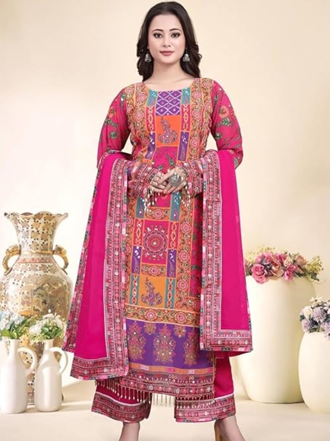 

NKV Women Mirror Work Embroidered Pakistani Style Kurta Set, Pink