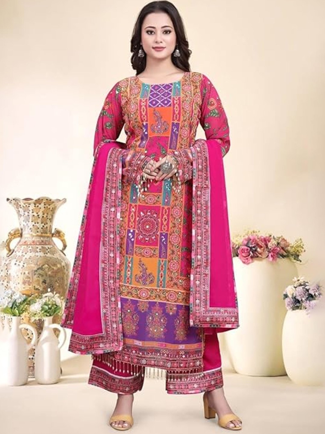 

NKV Women Floral Printed Regular Mirror Work Kurta With Palazzo & Dupatta, Red