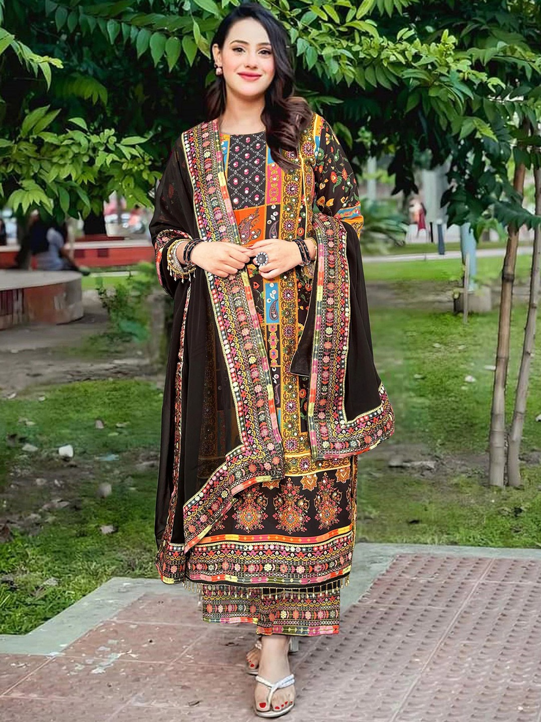 

NKV Ethnic Motifs Printed Mirror Work Straight Kurta With Pyjama And Dupatta, Black