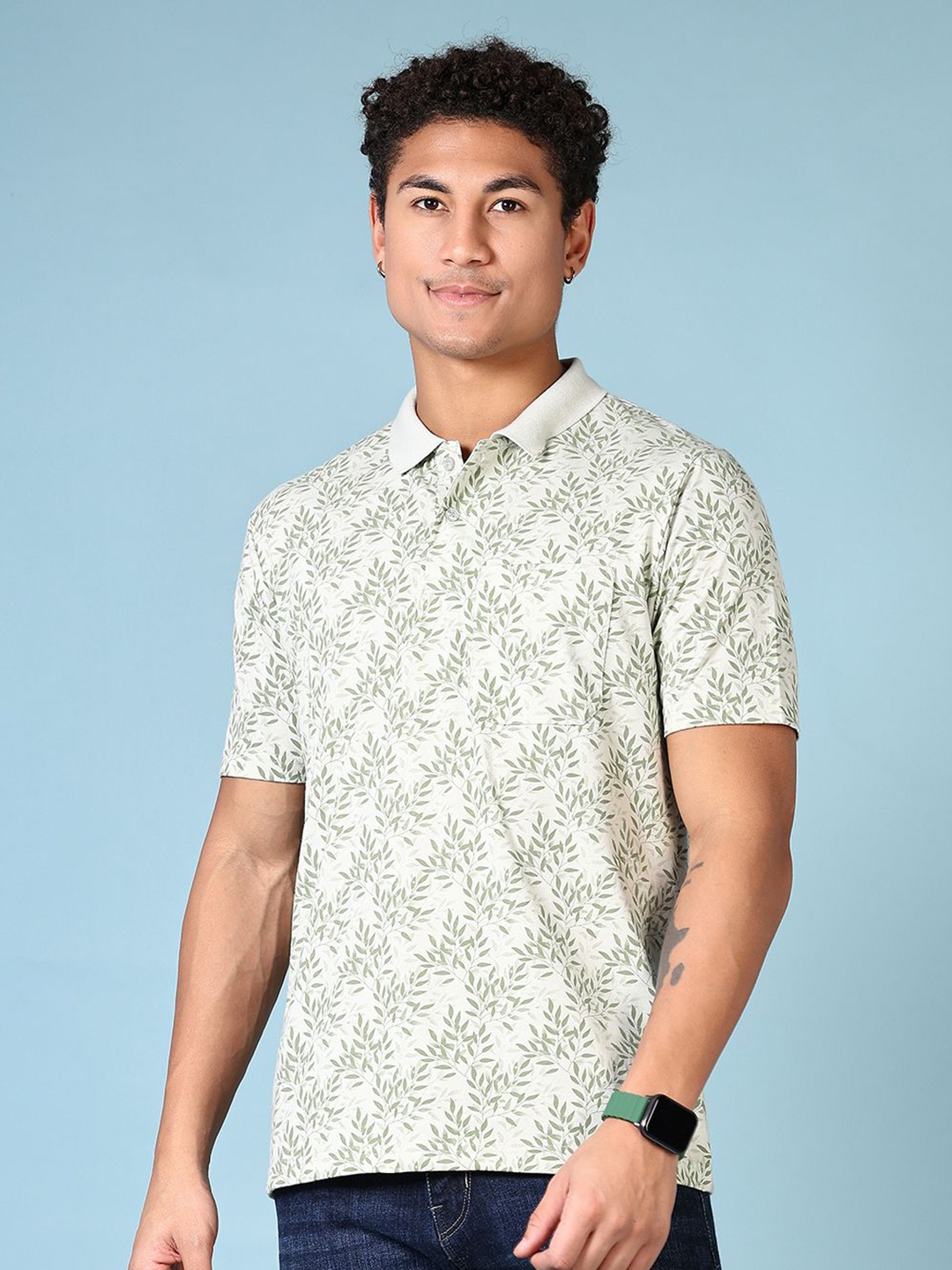 

V-Mart Men Floral Printed Polo Collar Cotton T-shirt, Off white