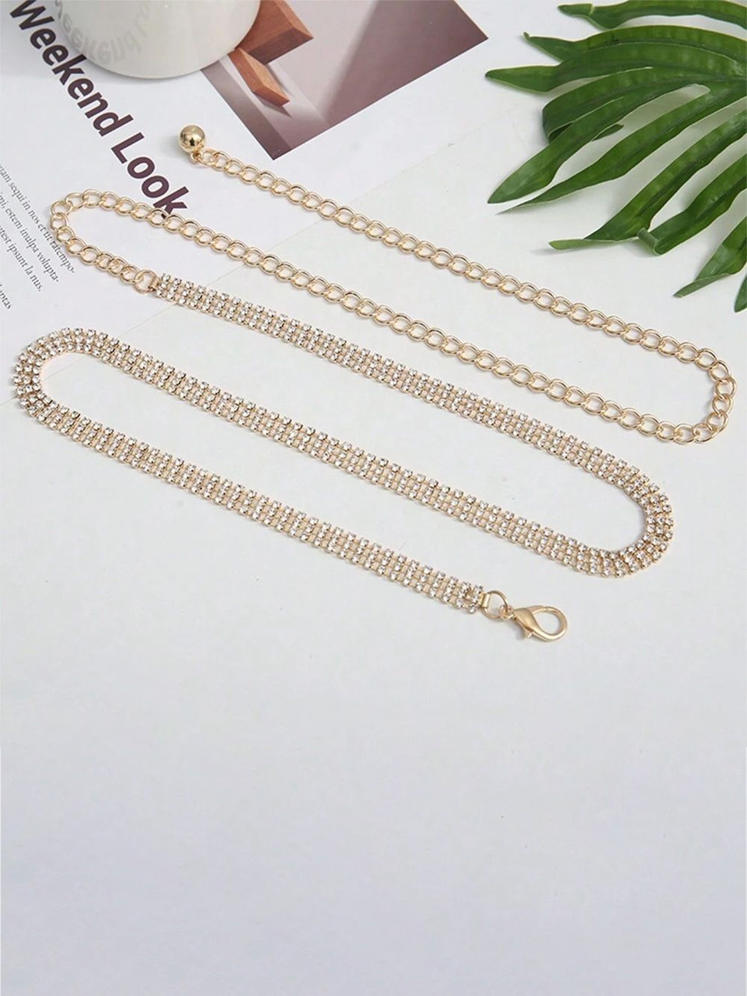 

SYGA Women Metal Waist Chain With Triple Diamond Rows Belt, Gold