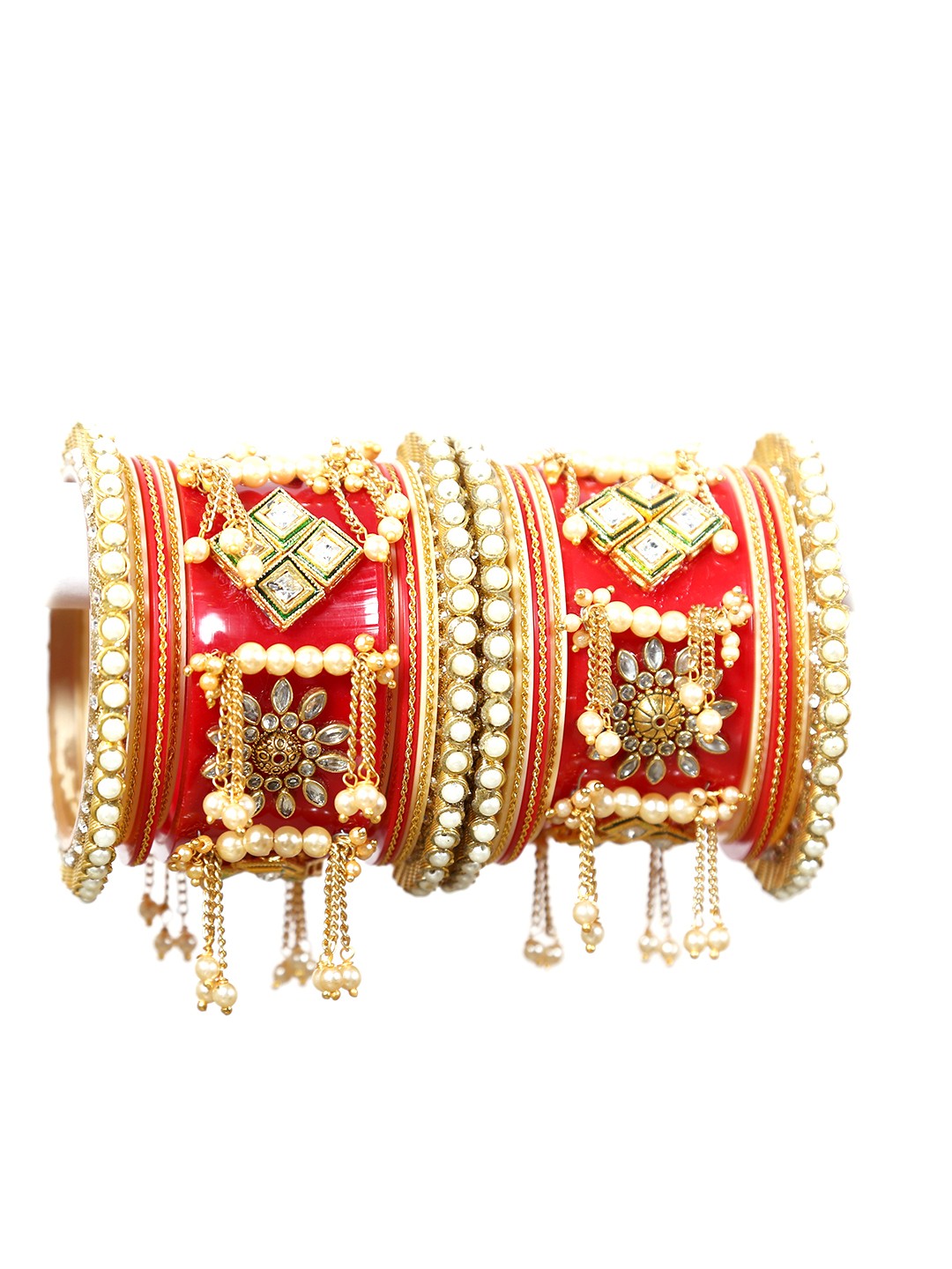 

Zindura Set Of 2 Gold-Plated Stone Studded & Pearl Beaded Chuda Bangles