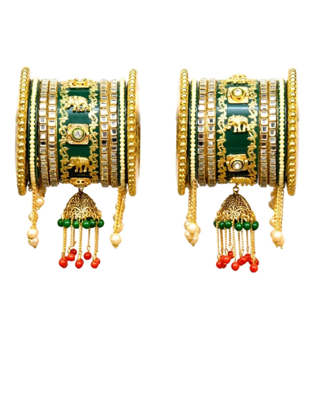

Zindura Set Of 2 Gold-Plated Stones-Studded & Pearls-Beaded Chuda Bangles