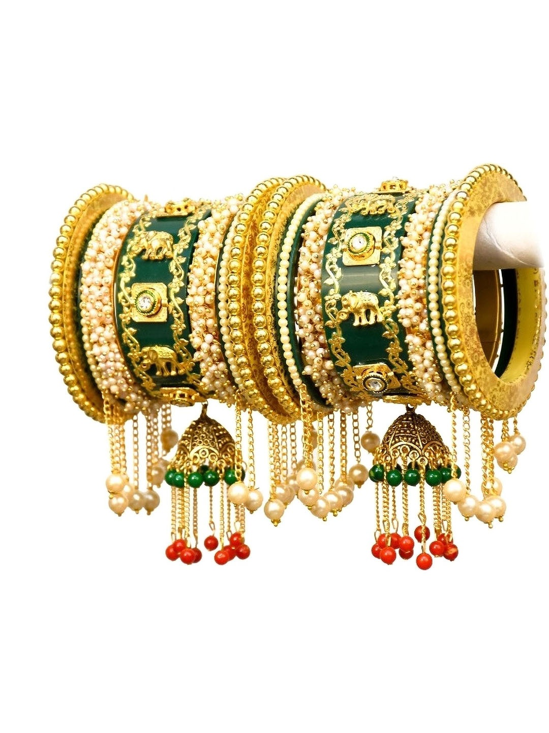 

Zindura Set Of 2 Gold-Plated Stone Studded & Beaded Chuda Bangles