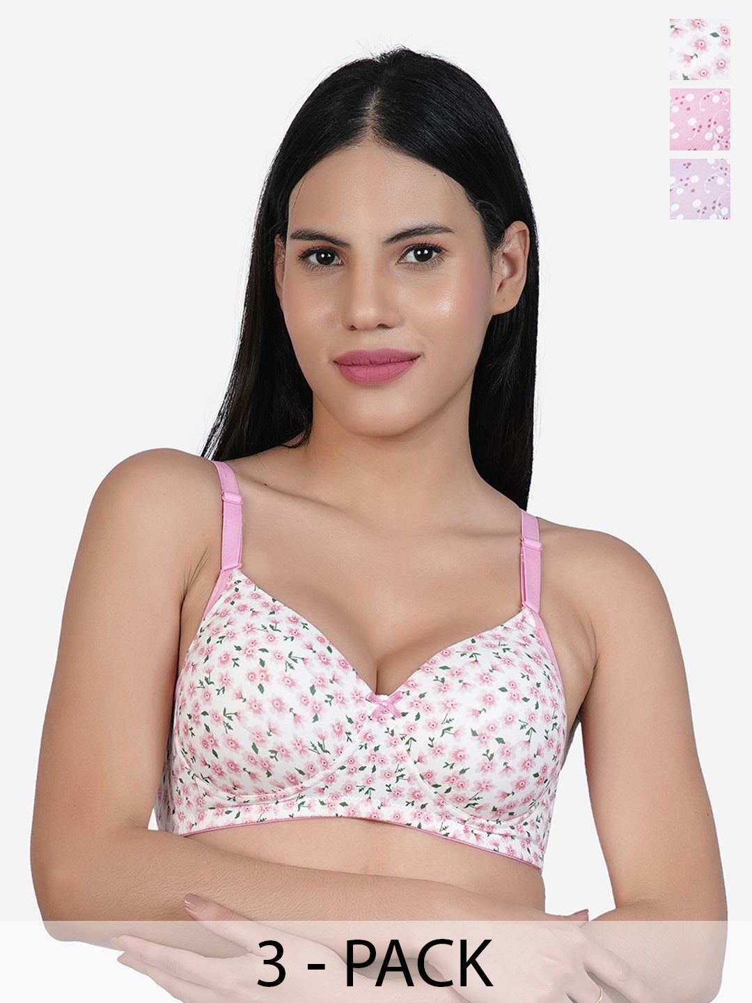 

SHYAM SONS FLAIR Women Pack of 3 Floral Printed Full Coverage Lightly Padded T-shirt Bra, Pink