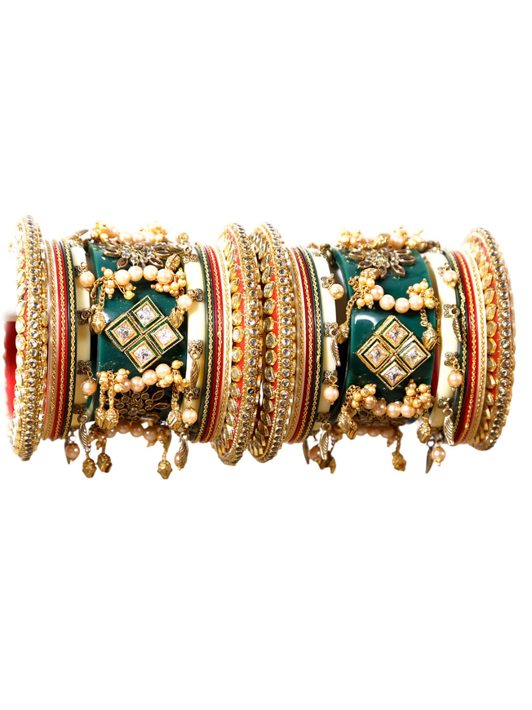 

Zindura Set Of 2 Gold-Plated Stone Studded & Pearl Beaded Chuda Bangles