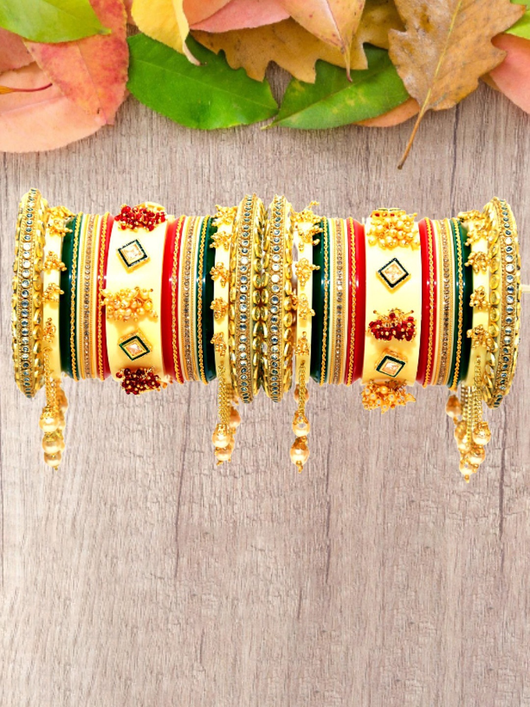 

Zindura Set of 2 Gold-Plated Artificial Stone-Studded & Beaded Chuda Bangles With Hangings