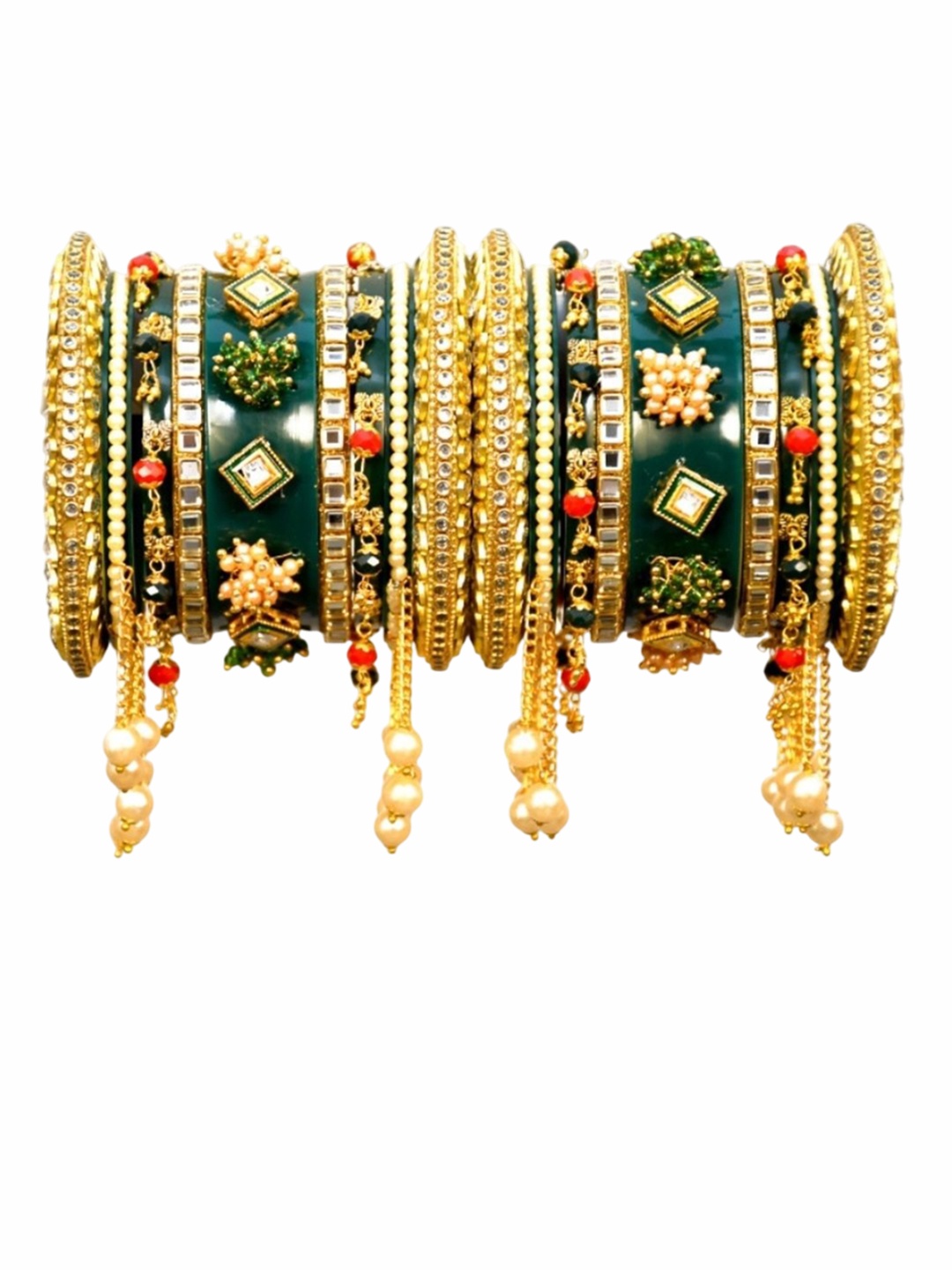 

Zindura Set Of 2 Gold-Plated Stone Studded & Pearl Beaded Chudas Bangles, Copper