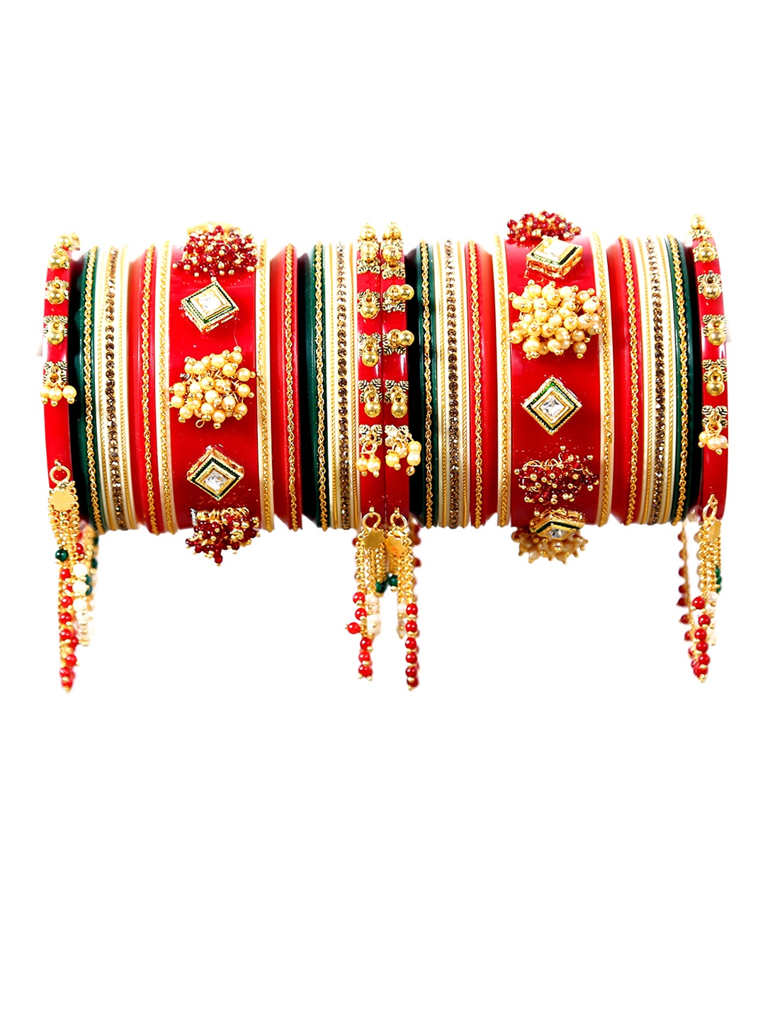 

Zindura Set Of 2 Gold-Plated Stones Studded & Pearl Beaded Chuda Bangles