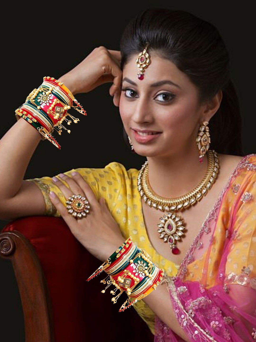 

Zindura Set Of 2 Gold-Plated Stone Studded & Beaded Bangles