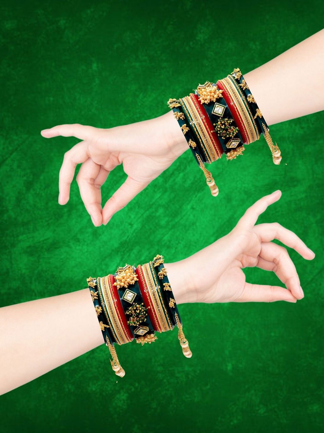 

Zindura Set Of 2 Gold-Plated Stone Studded & Pearls Beaded Chuda Bangles