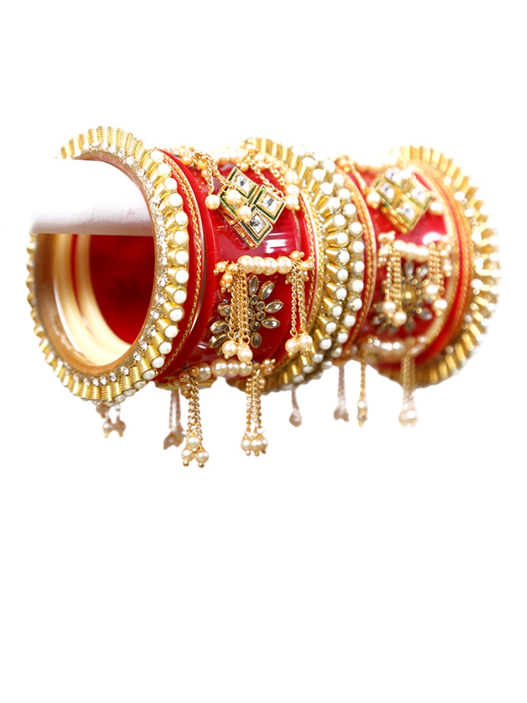 

Zindura Set Of 2 Gold-Plated Stone Studded & Pearls Beaded Chudas Bangles